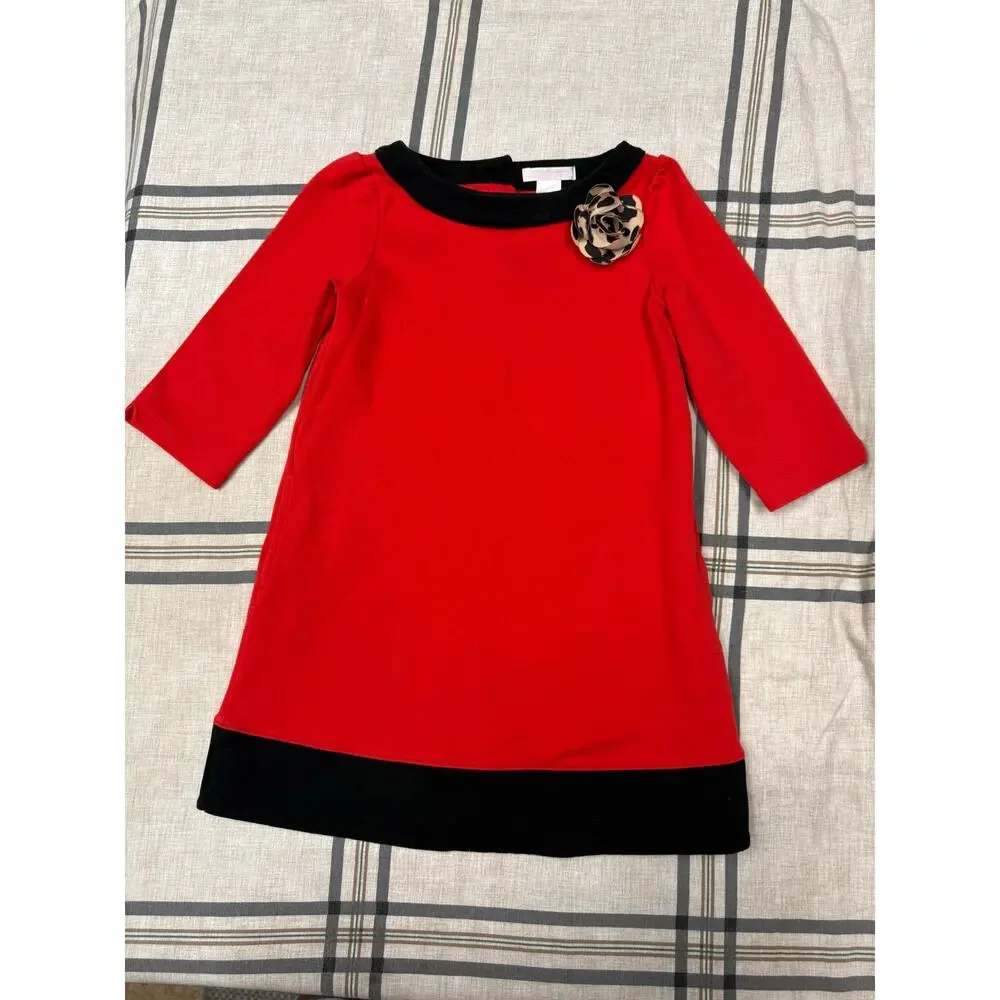 Janie and Jack Girls Size 6 Red Black Colorblock Dress Floral Rosette